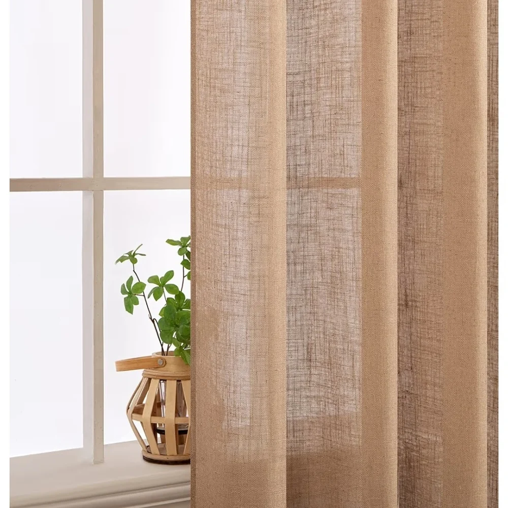 2 Light Brown Linen Color 52Wx63L Textured Burlap Semi Sheer Curtain Panels